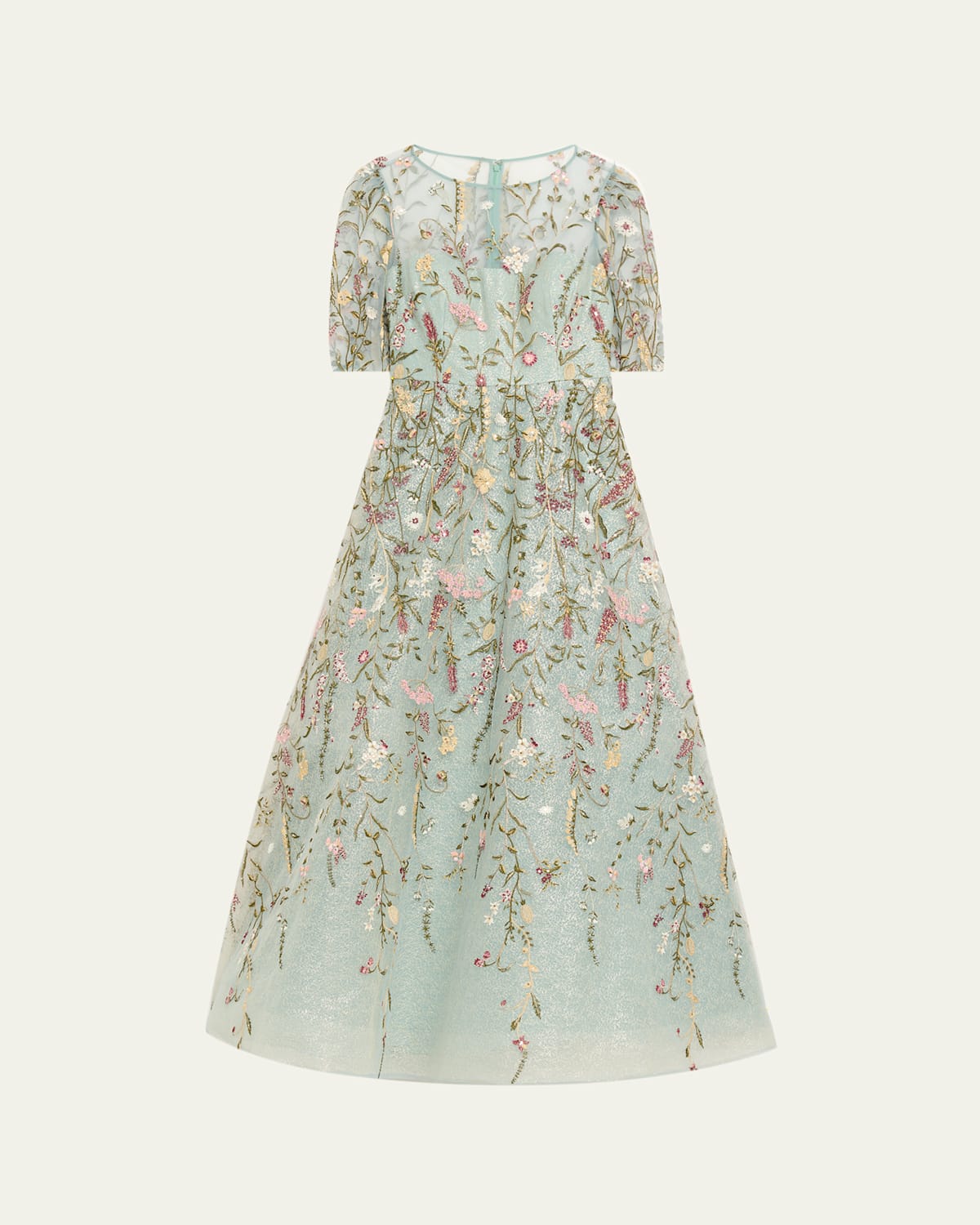 Rickie Freeman For Teri Jon Floral-embroidered Shimmer Mesh Gown In Multi