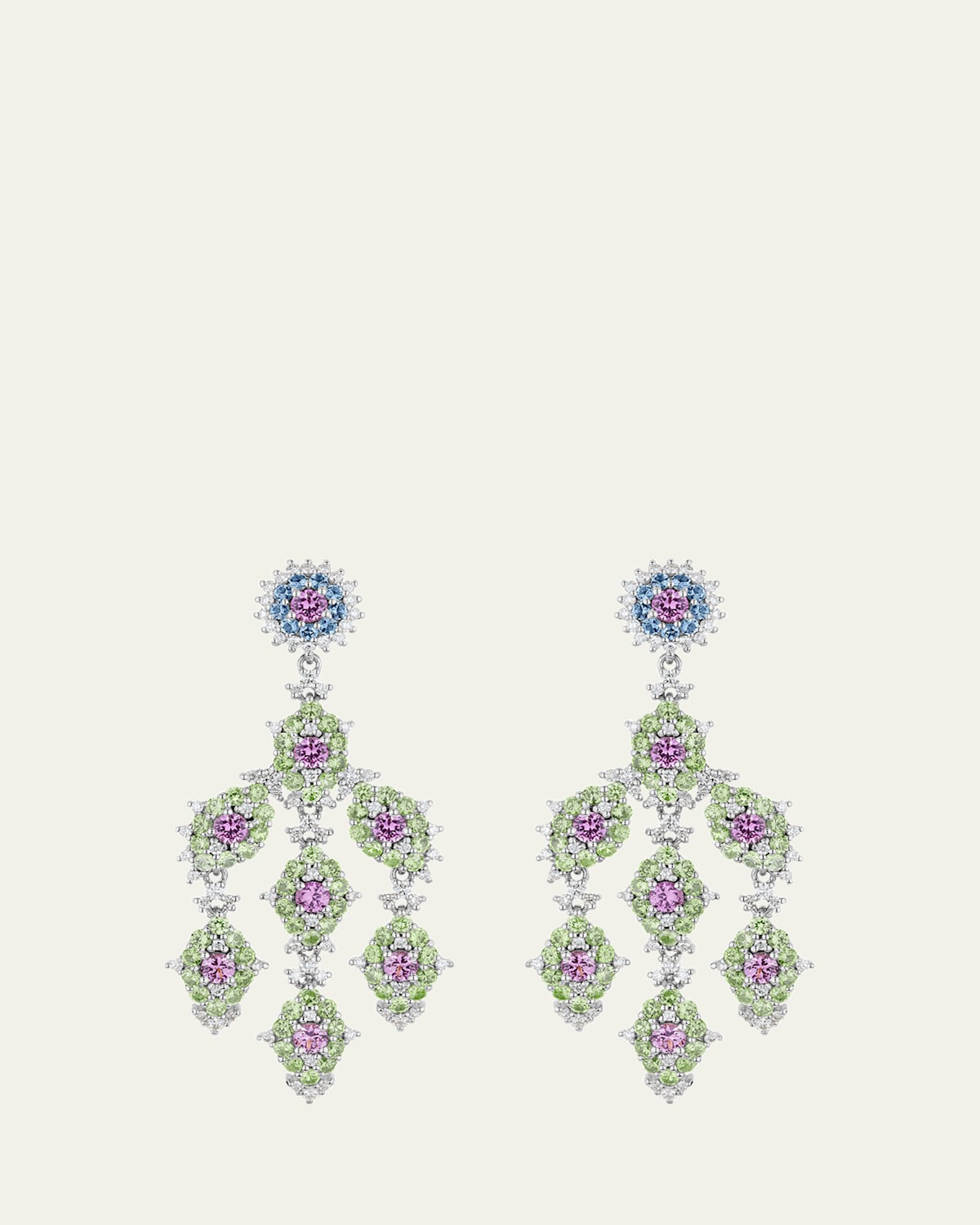 18K White Gold Pink Sapphire. Demantoid and Aquamarine Dangle Earrings with Diamonds