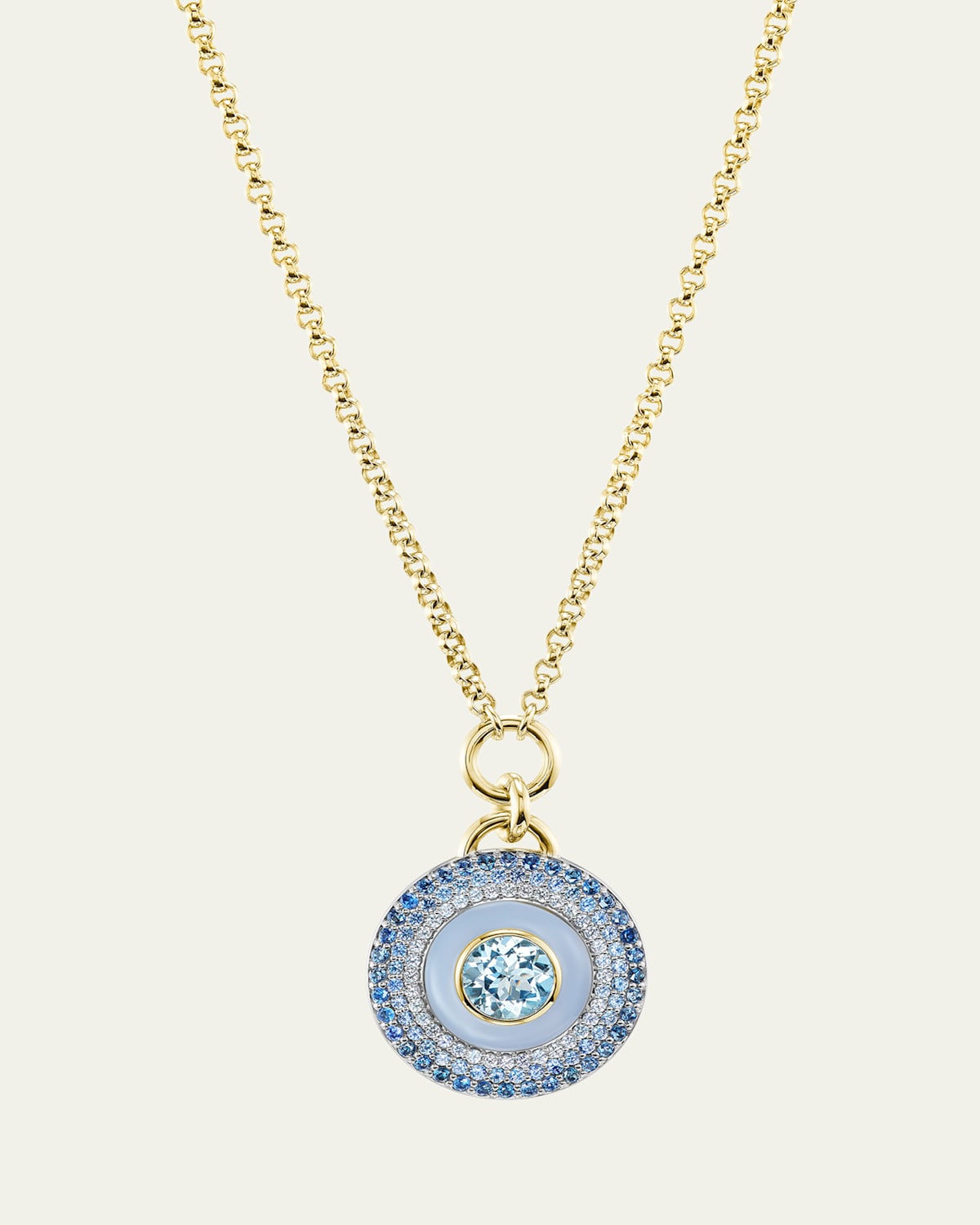 18K Air Medallion Necklace with Blue Lace Agate, Aquamarine and Sapphires
