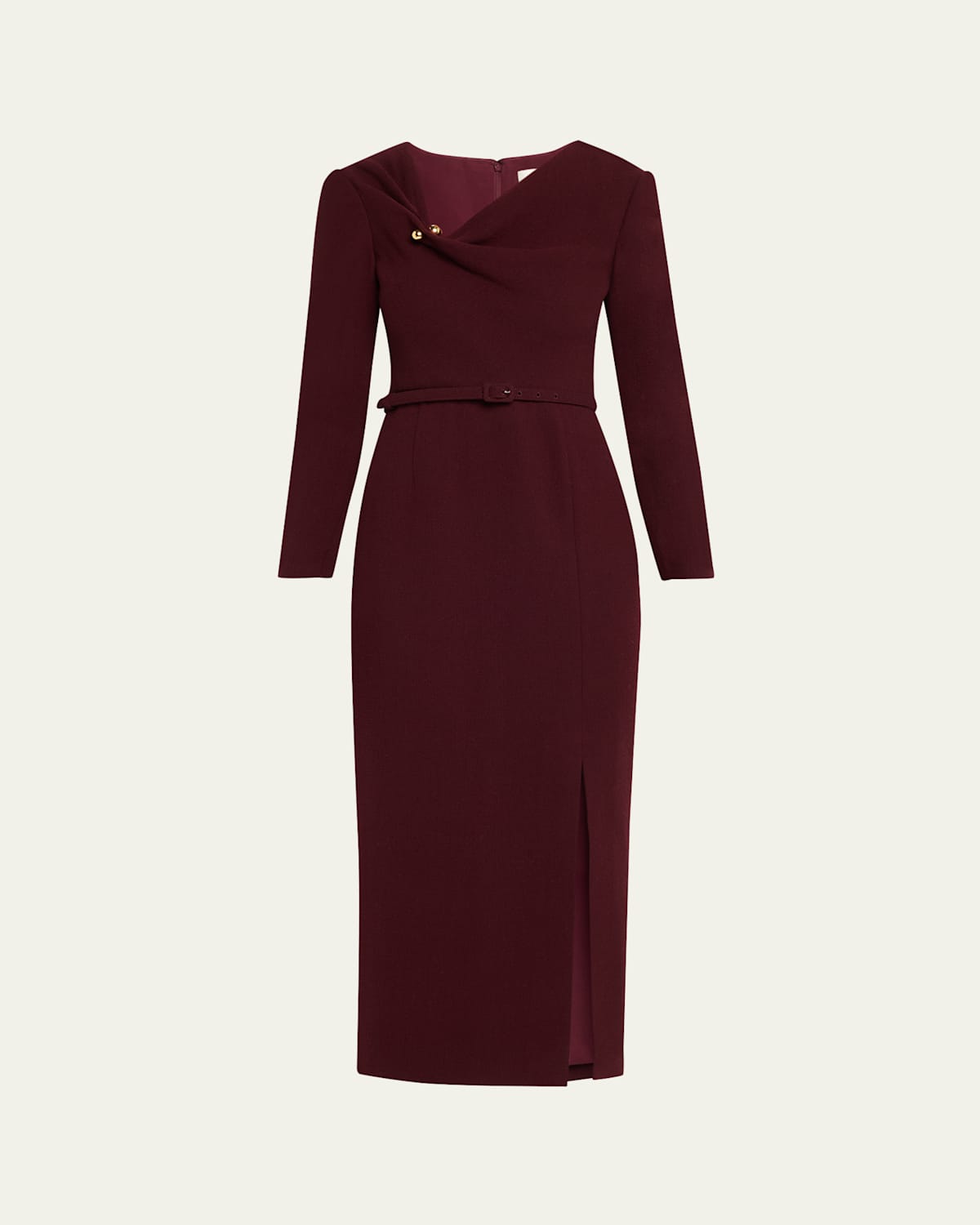 Roland Mouret Sphere Pin Draped Wool Crepe Midi Dress In Burgundy
