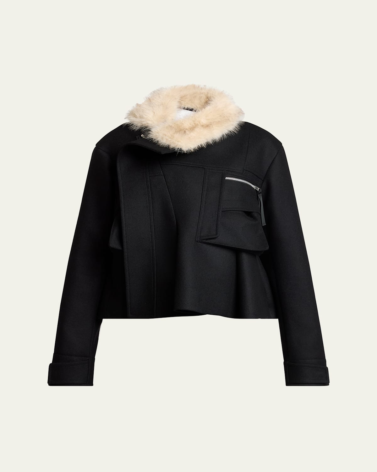 Sacai Faux-fur Collar Wool Utility Jacket In Black