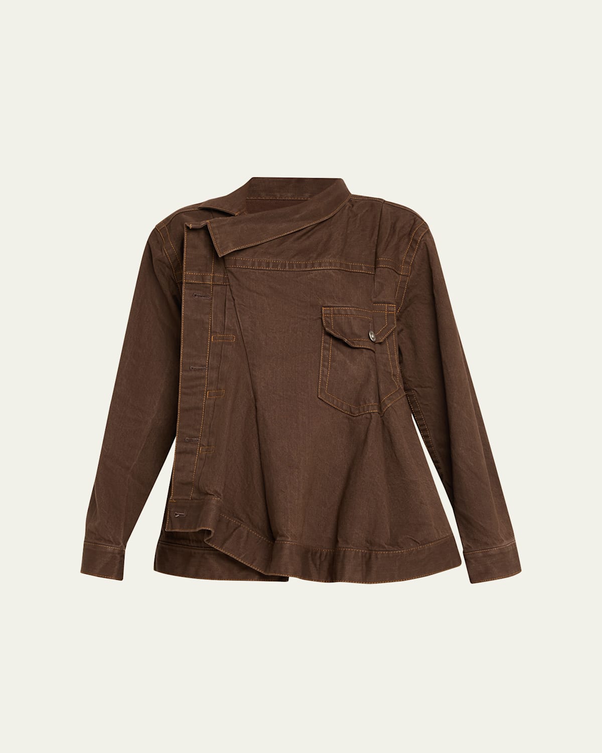 Sacai Asymmetric Denim Jacket In Brown