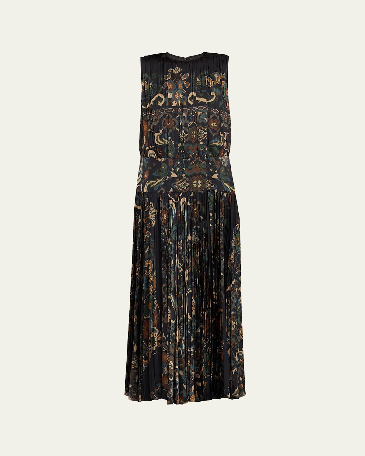 Sacai Pleated Floral Sleeveless Maxi Dress In Multi