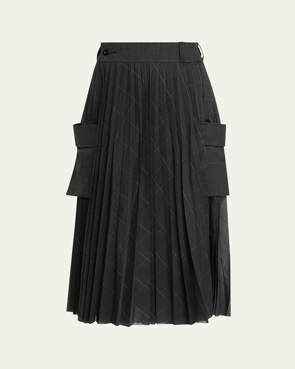 Sacai Glen Pleated Check-print Midi Skirt In Black
