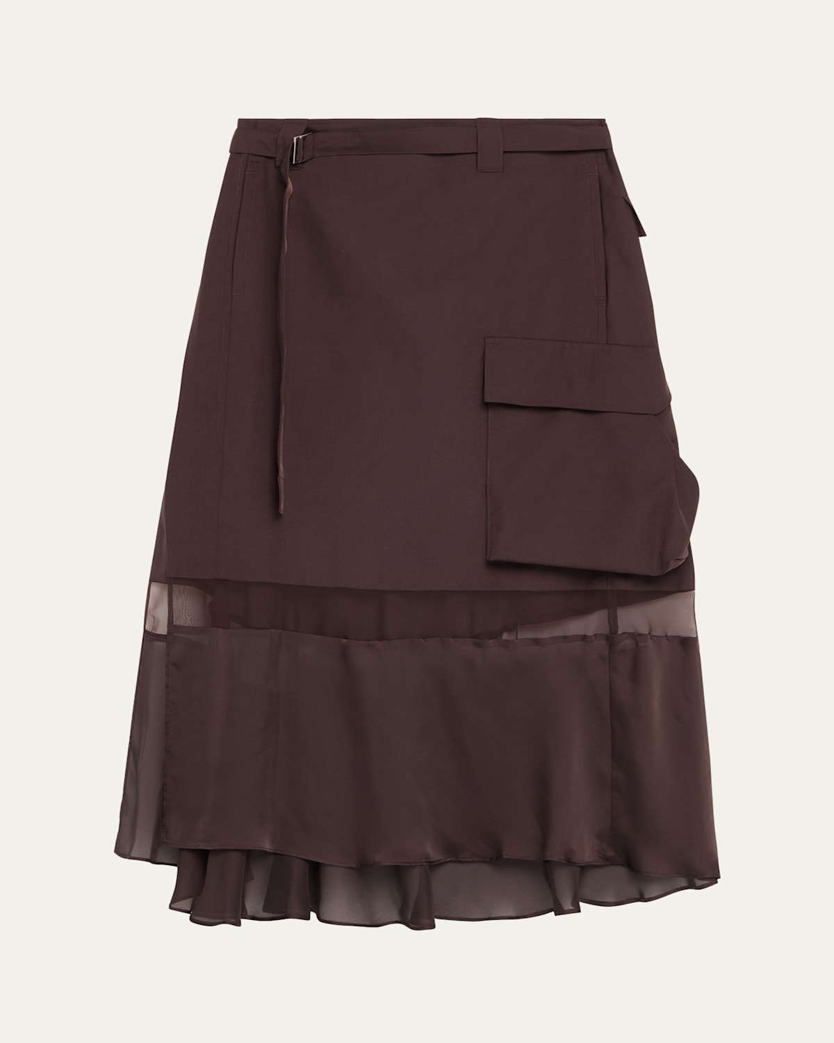 Sacai Belted Sheer-insert Midi Skirt In Brown