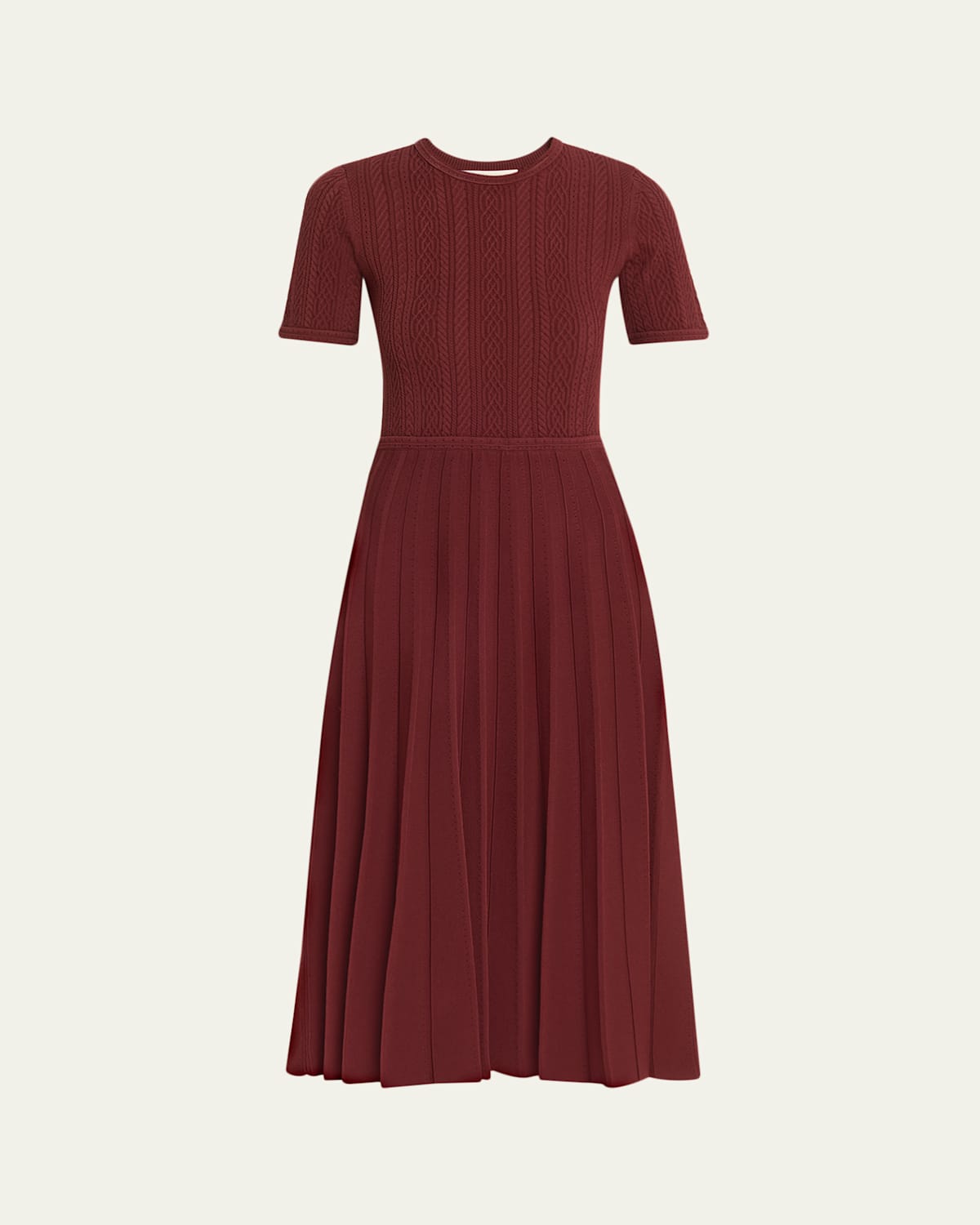 Jason Wu Collection Fisherman-knit Short-sleeve Pleated Midi Dress In Brown