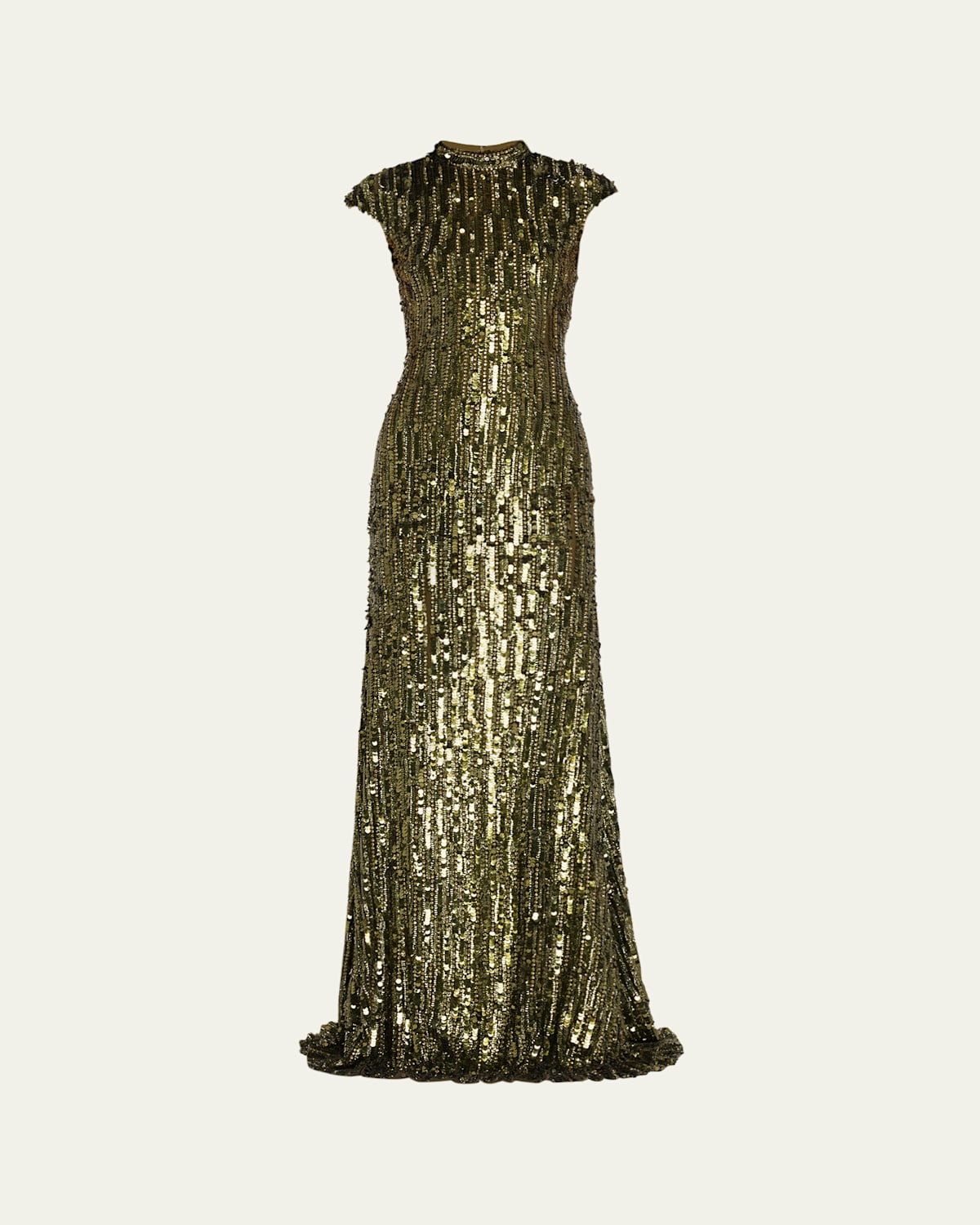 Naeem Khan Mock-neck Cap-sleeve Sequin Gown In Green