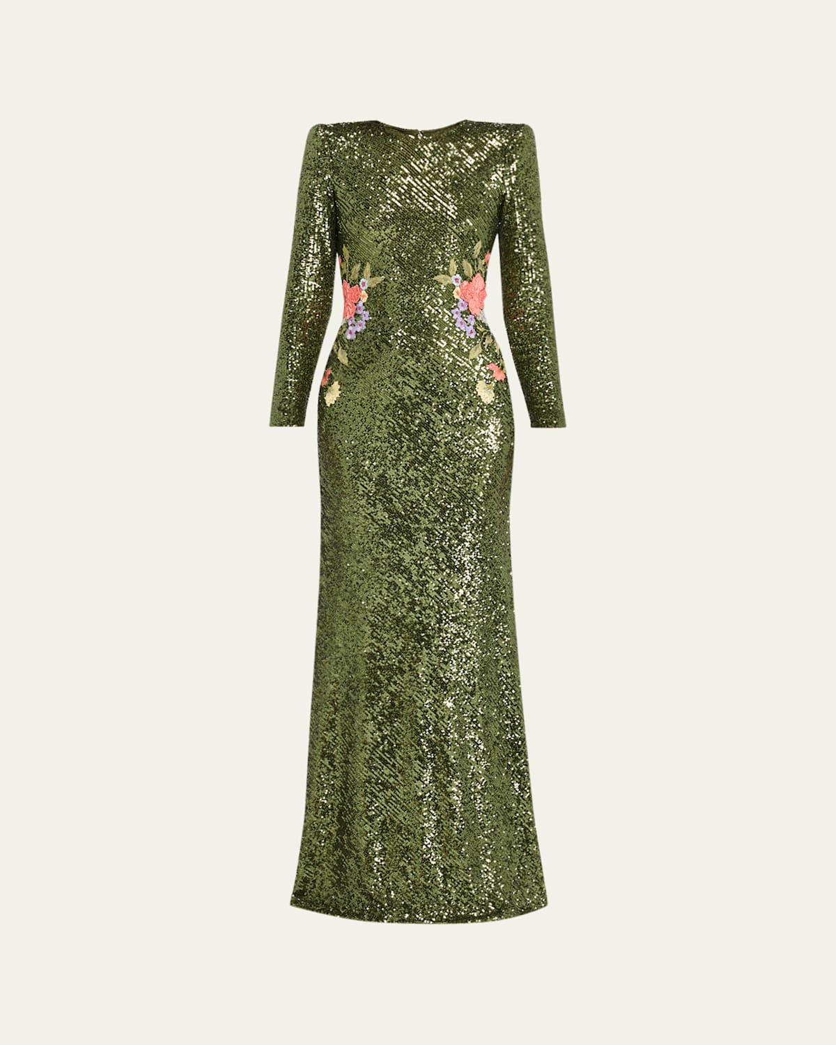 Naeem Khan Strong-shoulder Sequined Long-sleeve Gown In Green