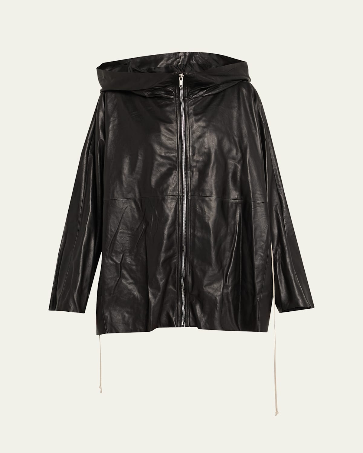 Rick Owens Drawstring Hooded Leather Jacket In Black