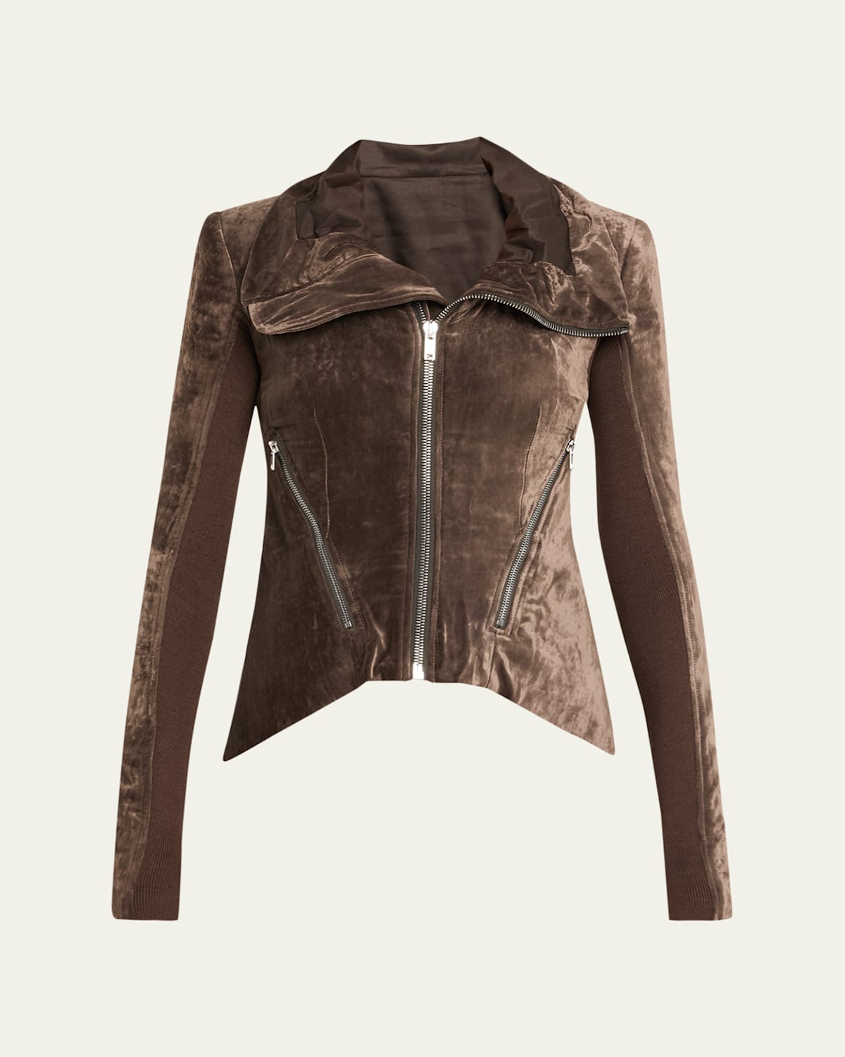 Rick Owens Naska Velvet Zip Biker Jacket In Brown
