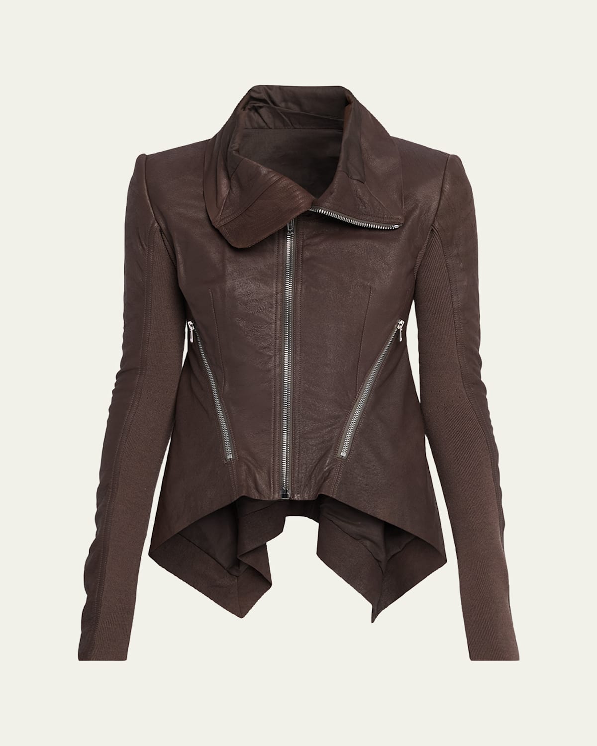 Rick Owens High-neck Leather Zip Peplum Jacket In Brown