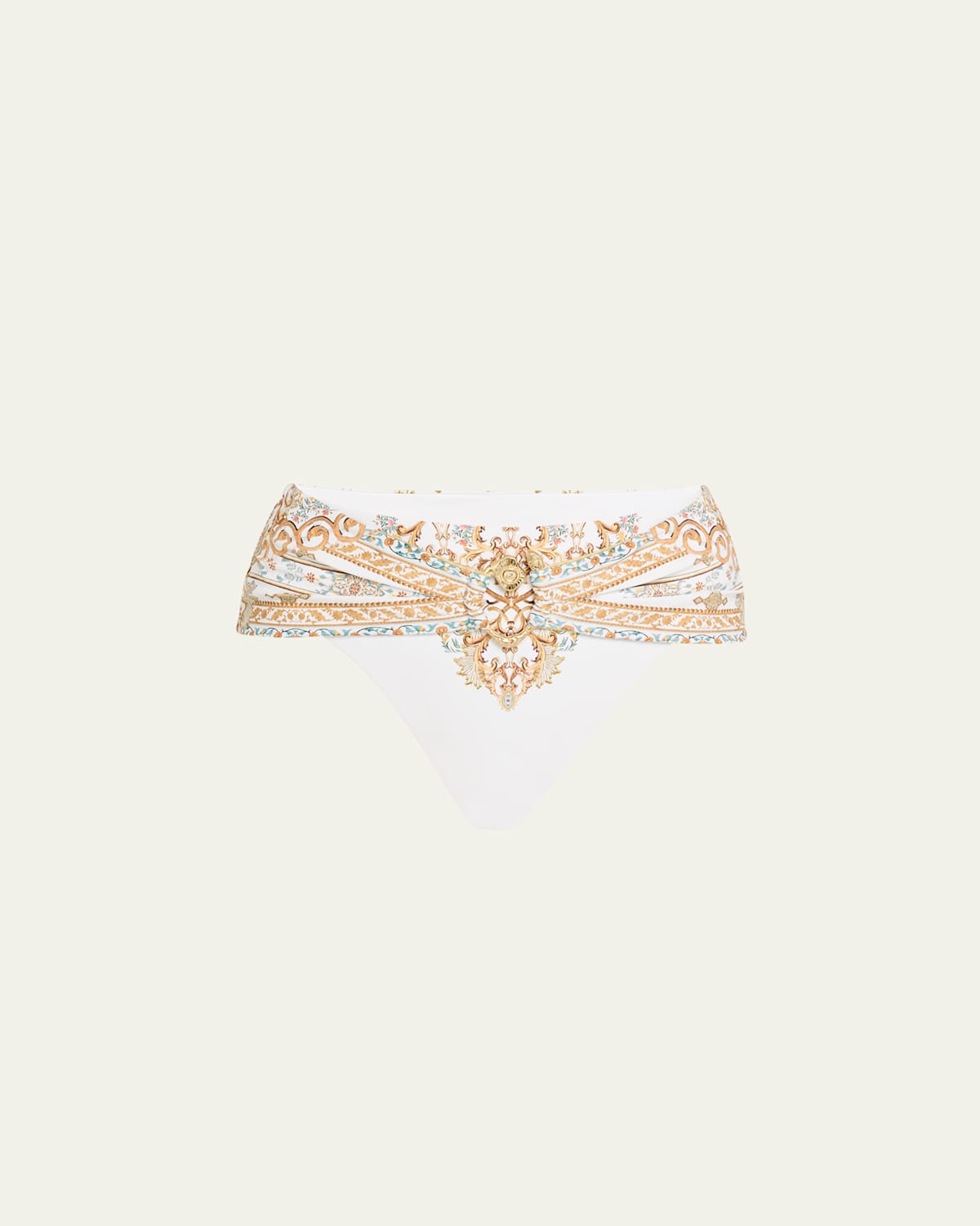 Camilla Ottoman Dynasty High Waist Bikini Bottoms With Pleated Waist Trim In Neutral