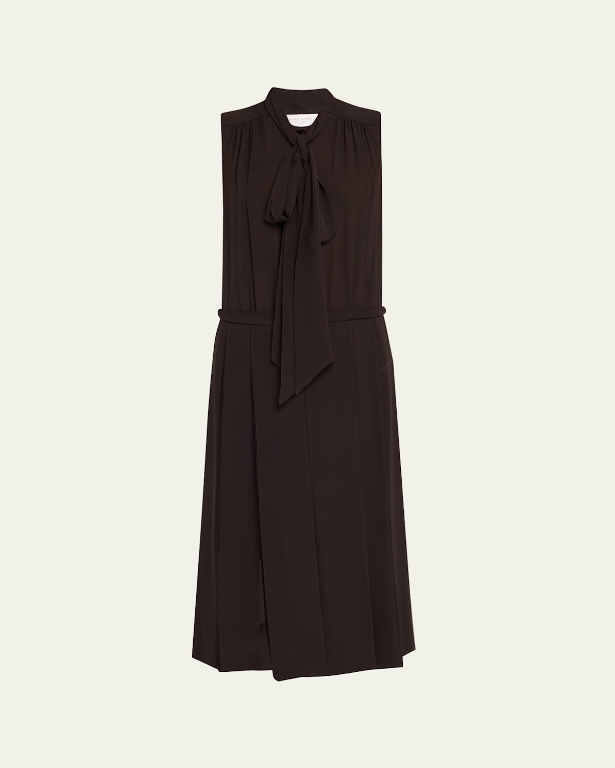 Michael Kors Scarf-neck Pleated Silk Midi Shirtdress In Brown