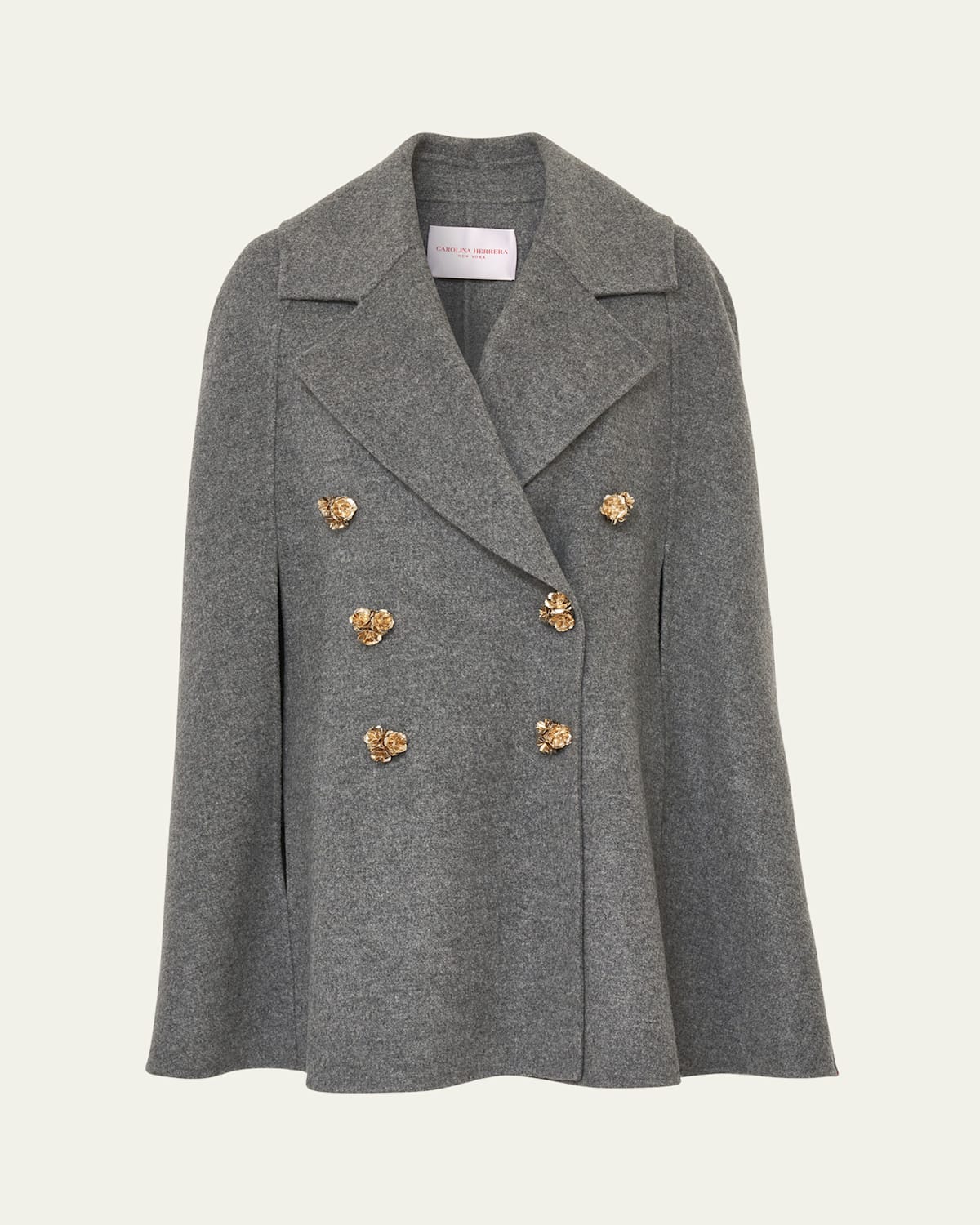 Carolina Herrera Flower-button Double-breasted Wool Cape In Gray