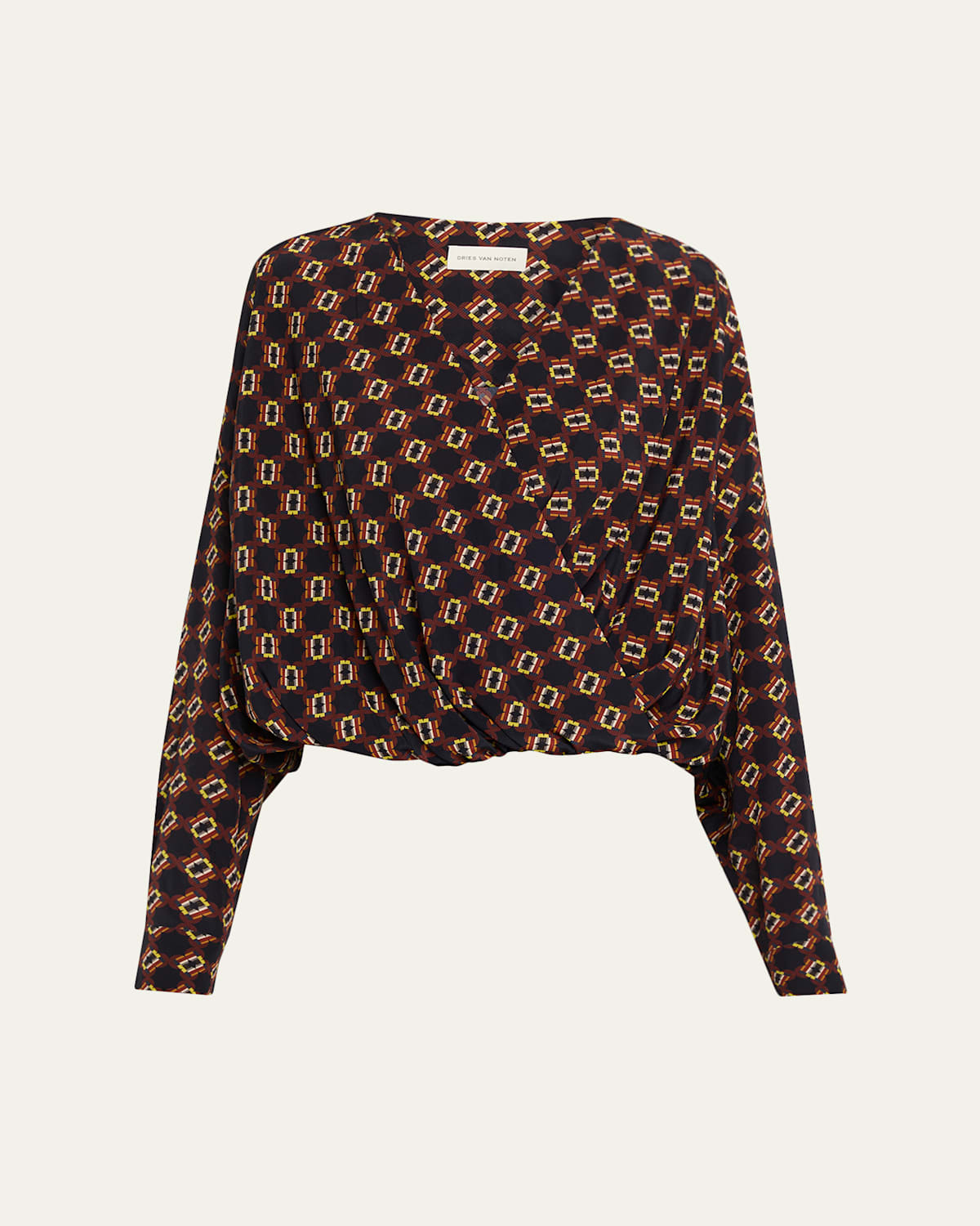 Dries Van Noten Camiel Printed Silk Long-sleeve Wrap Top In Black