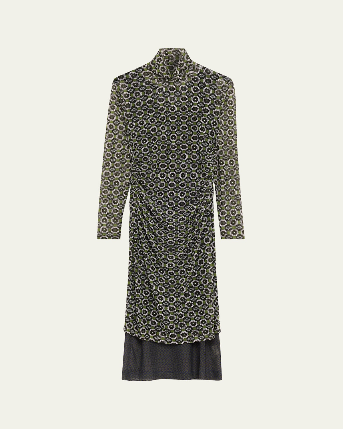 Dries Van Noten Hofes Tie Print Layered Long Sleeve Mesh Midi Dress In Green