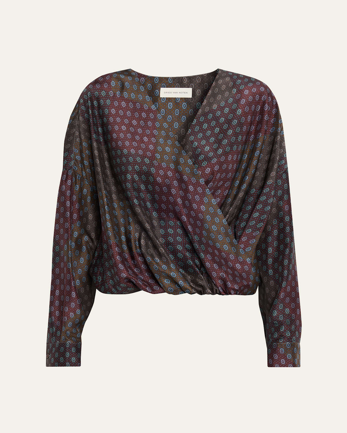 Dries Van Noten Camiel Printed Long-sleeve Wrap Top In Burgundy