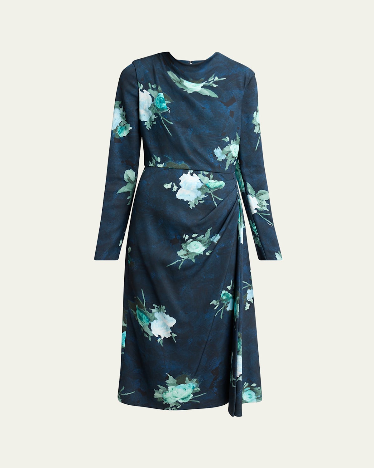 Erdem Abstract Rose Print Draped Long Sleeve Stretch Cady Midi Dress In Multi