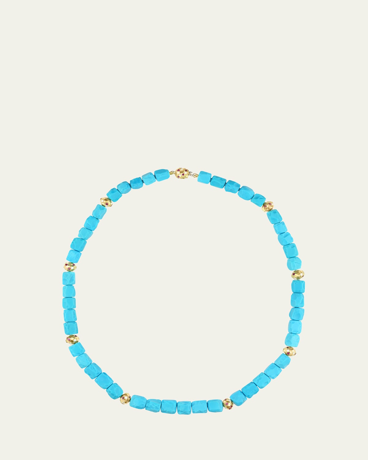 18K Yellow Gold Turquoise Rough Bead Necklace with Diamonds and Rubies