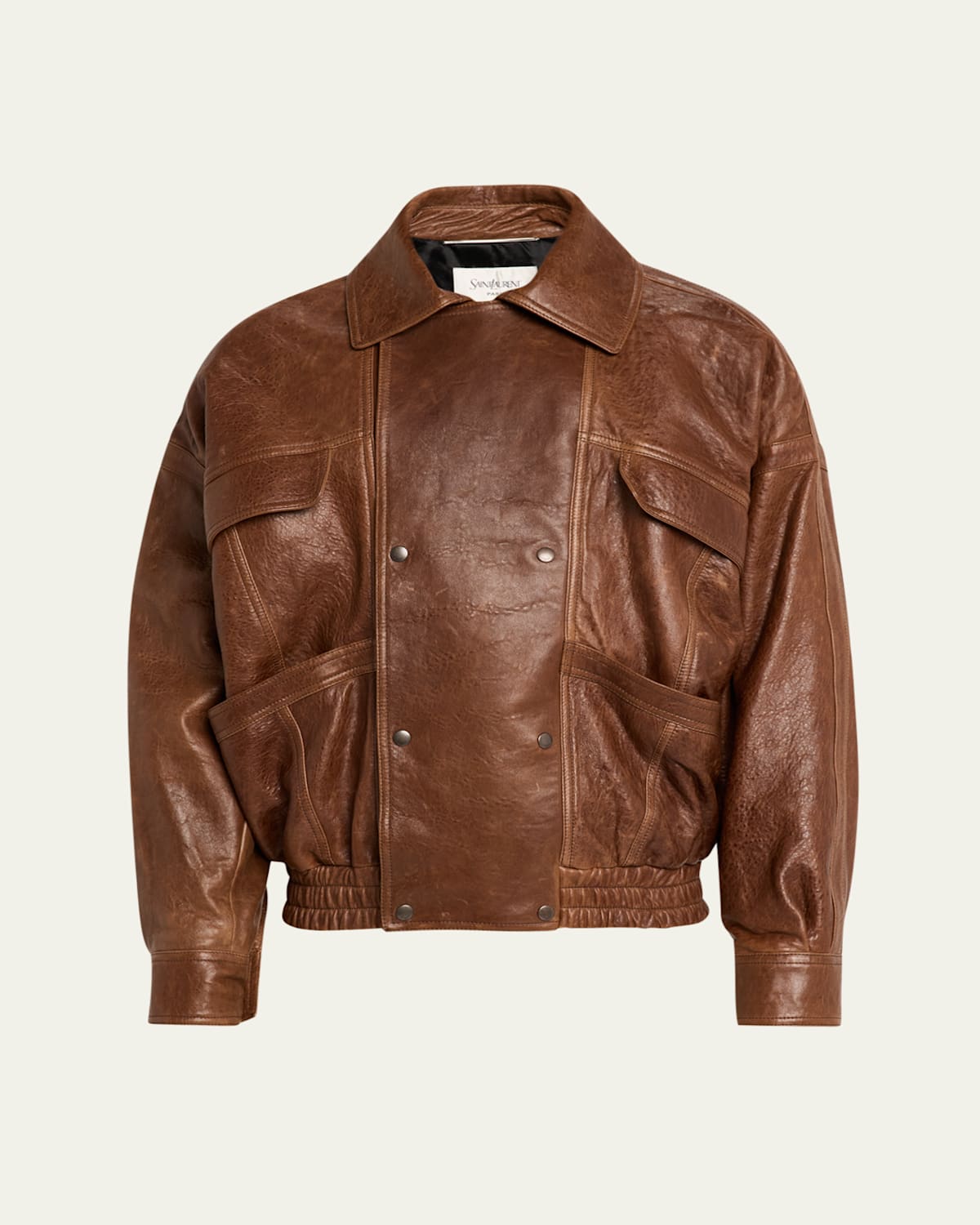 Saint Laurent Leather Jacket With Collared Design And Pockets In Brown