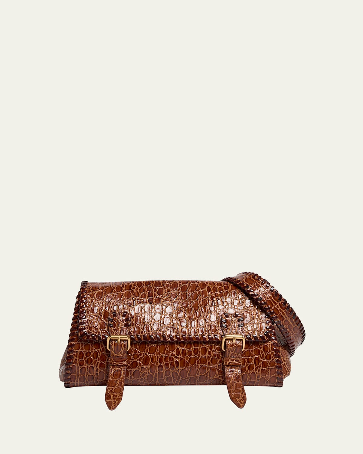 Dries Van Noten Medium Double Buckle Croc-embossed Messenger Bag In Brown