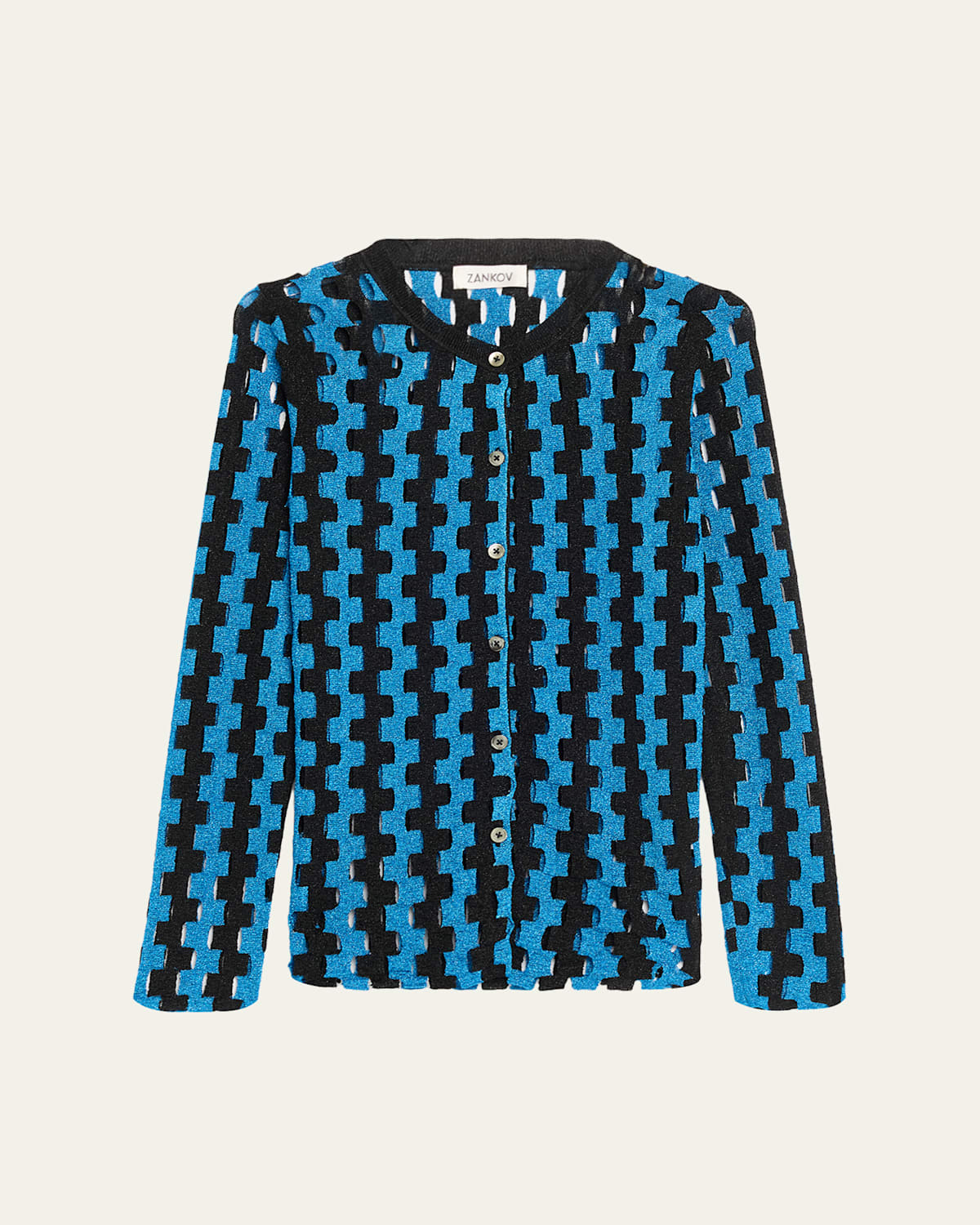 Zankov Bowery Metallic Open-knit Crewneck Cardigan In Blue