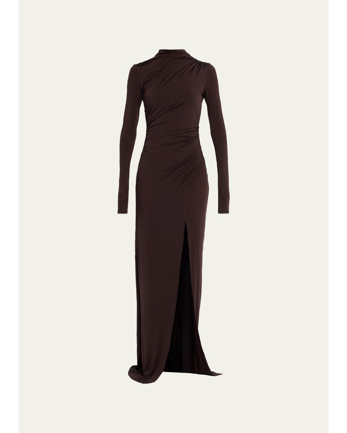 Ruched Mock-Neck Jersey Column Gown
