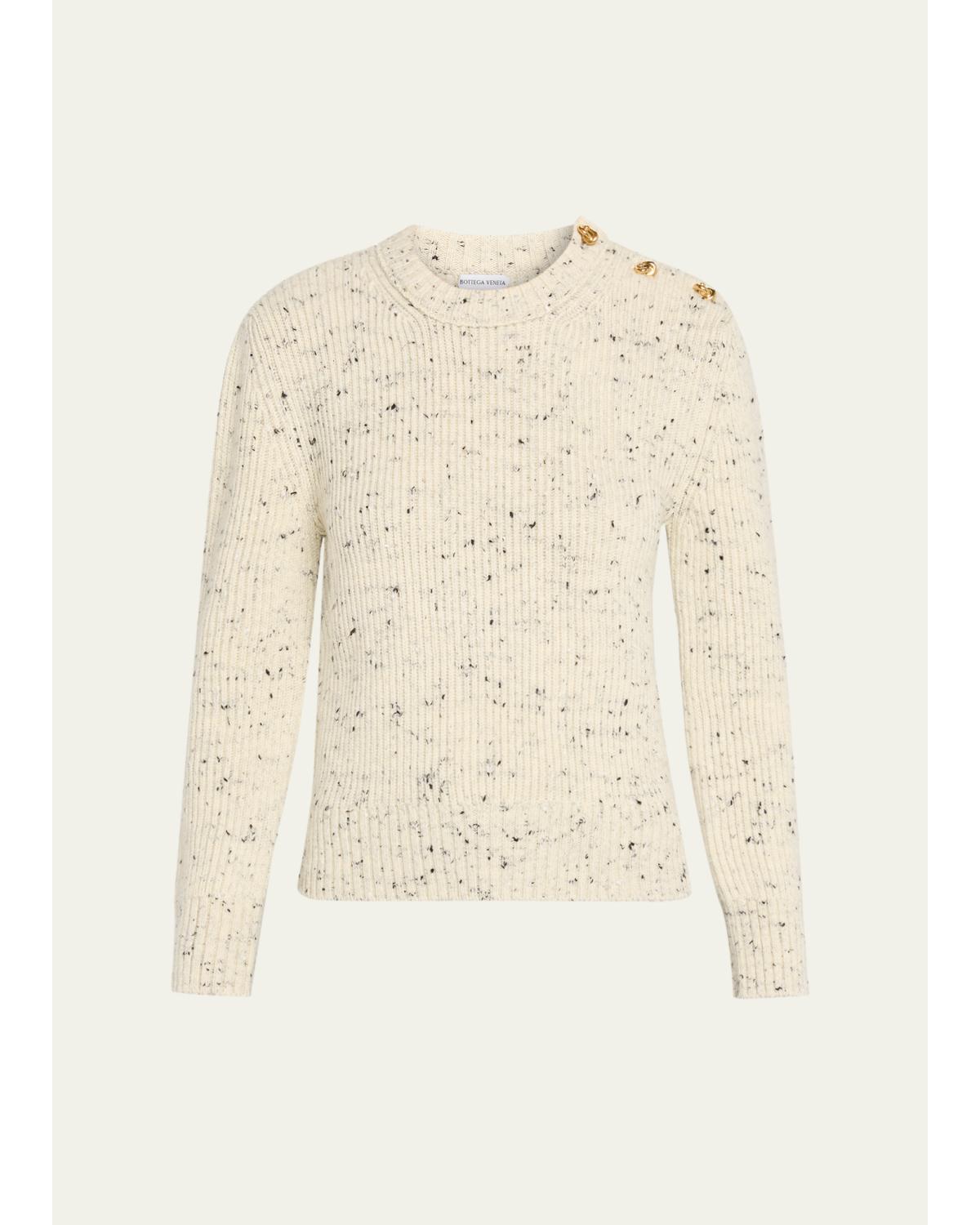 Button-Shoulder Speckled Rib Crewneck Sweater