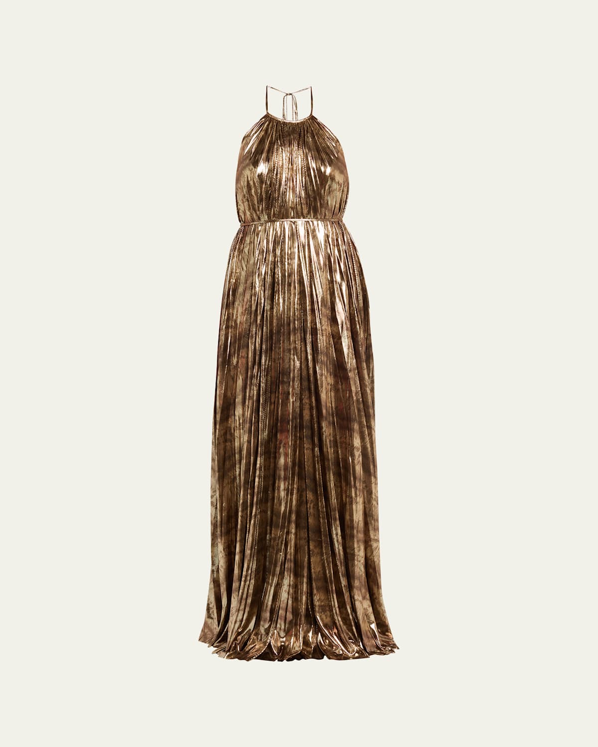 Halston Maxine Pleated Metallic Jersey Halter Gown In Brown