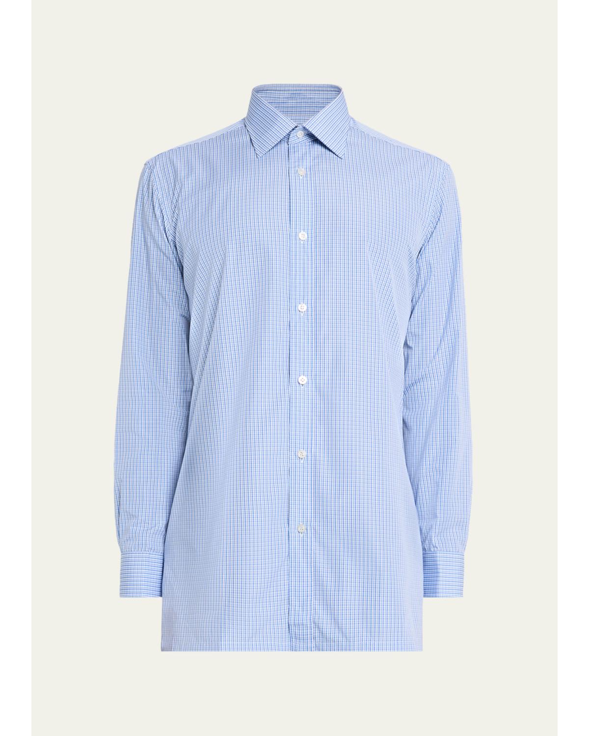 Men'S Cotton Point Collar Micro-Plaid Sport Shirt
