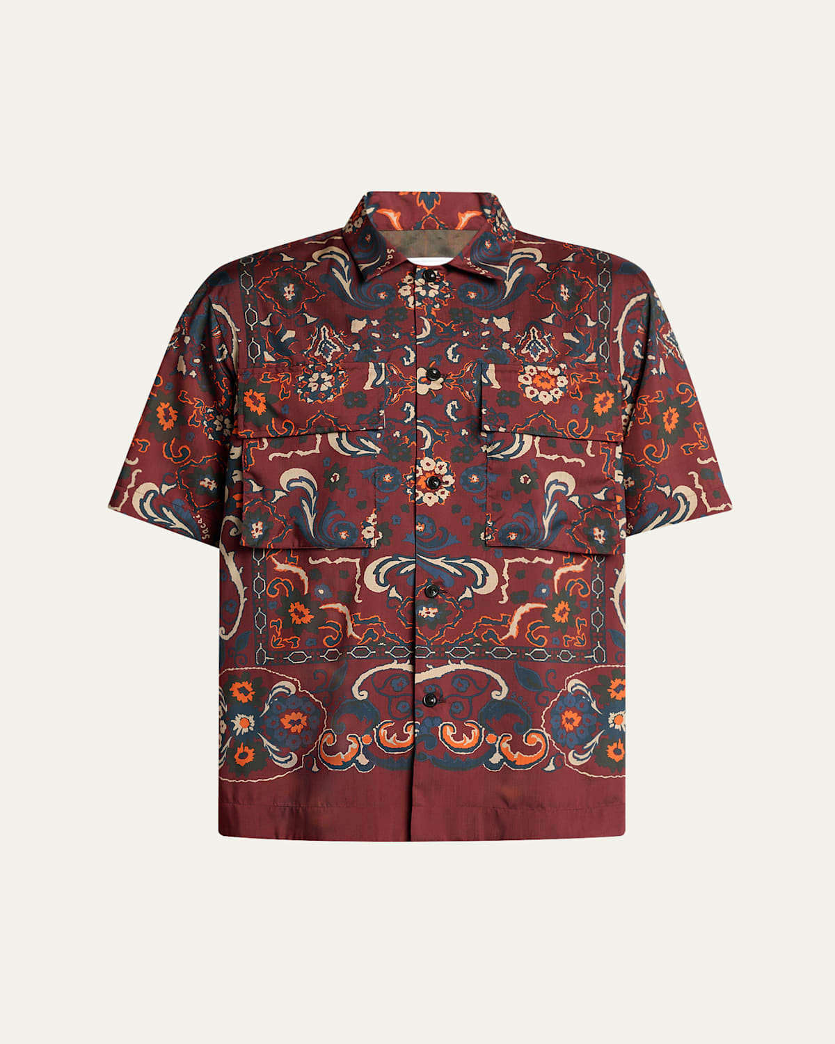 Sacai Mens Bordeaux Floral-print Short Sleeve Woven Shirt In Burgundy
