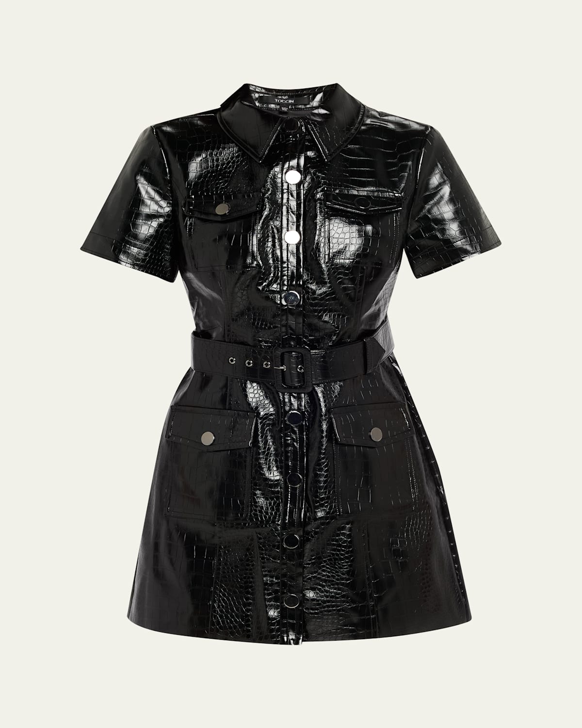 Toccin Lydia Croc-embossed Vegan Leather Mini Shirtdress In Black