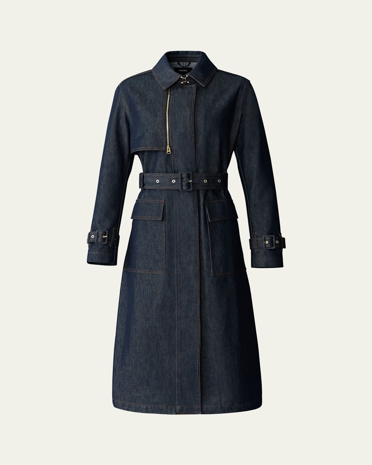 Mackage India Belted Denim Trench Coat In Blue