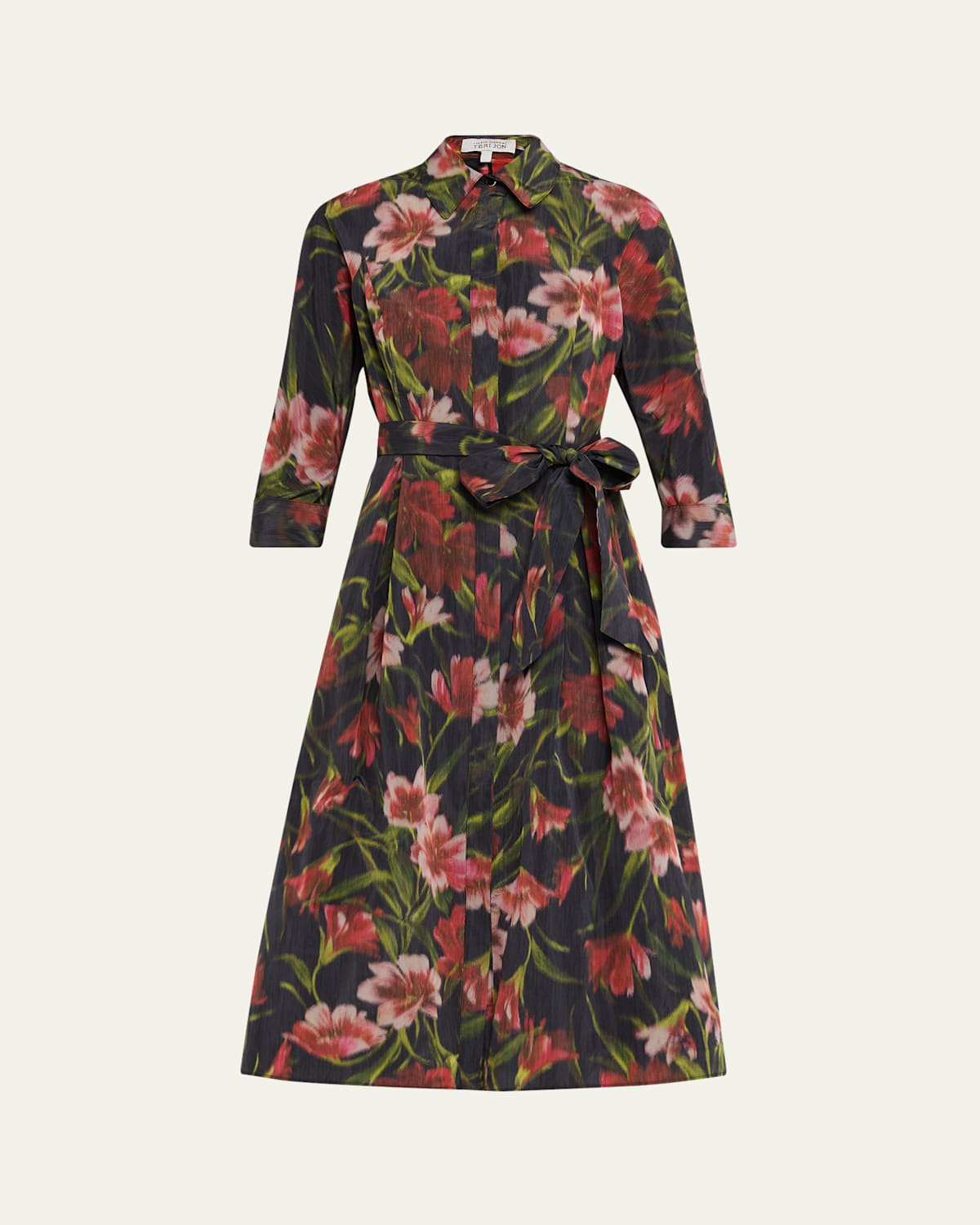 Rickie Freeman For Teri Jon Taffeta Faille Hazy Floral-print Midi Shirtdress In Black