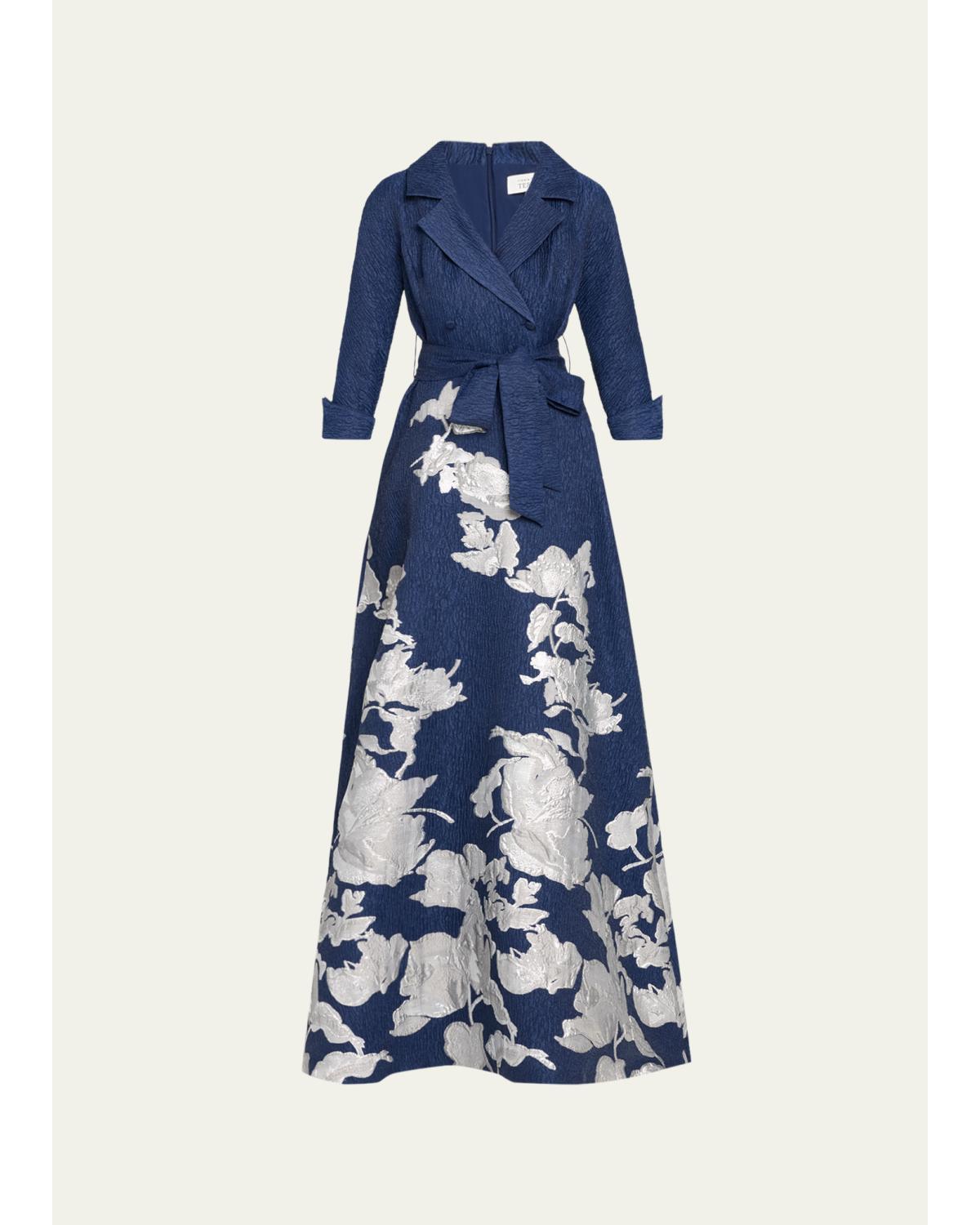 Rickie Freeman For Teri Jon Metallic Floral Jacquard Shirt Gown In Navy Silve