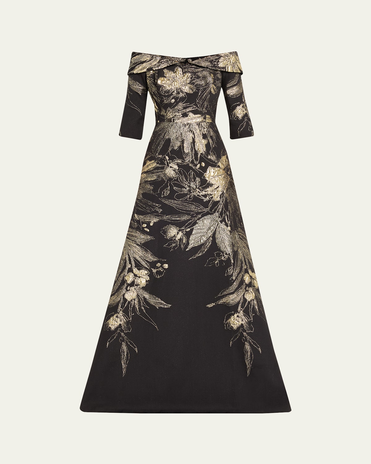 Rickie Freeman For Teri Jon Metallic Jacquard Fold Off-the-shoulder Gown In Multi
