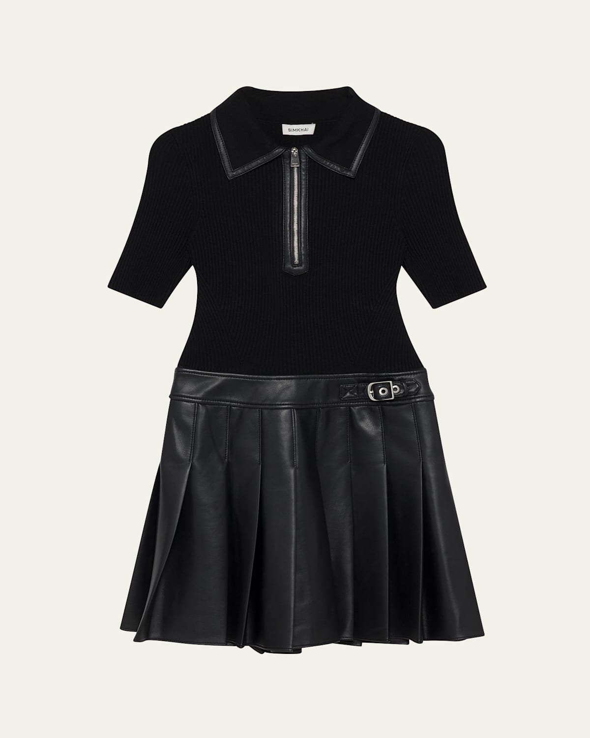 Simkhai Linnie Ribbed-knit And Pleated Mini Dress In Black