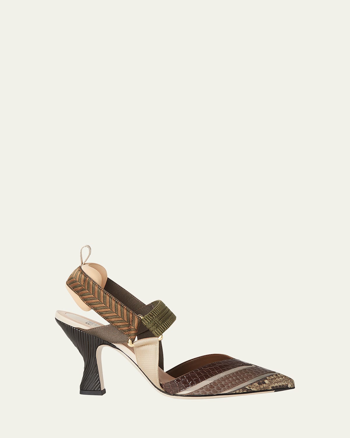 Fendi High-heeled Mesh And Multicolor Ayers Leather Slingbacks In Brown
