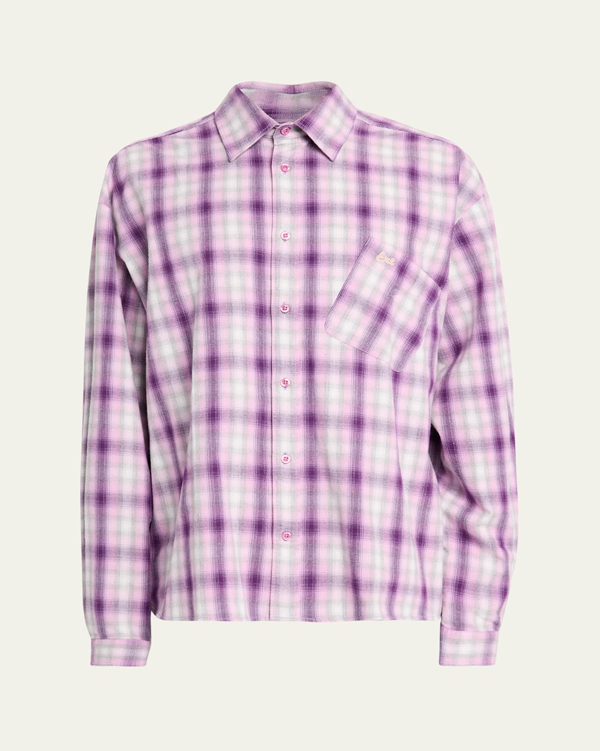 Erl Men's Plaid Button-down Shirt With Assymetric Pocket In Purple