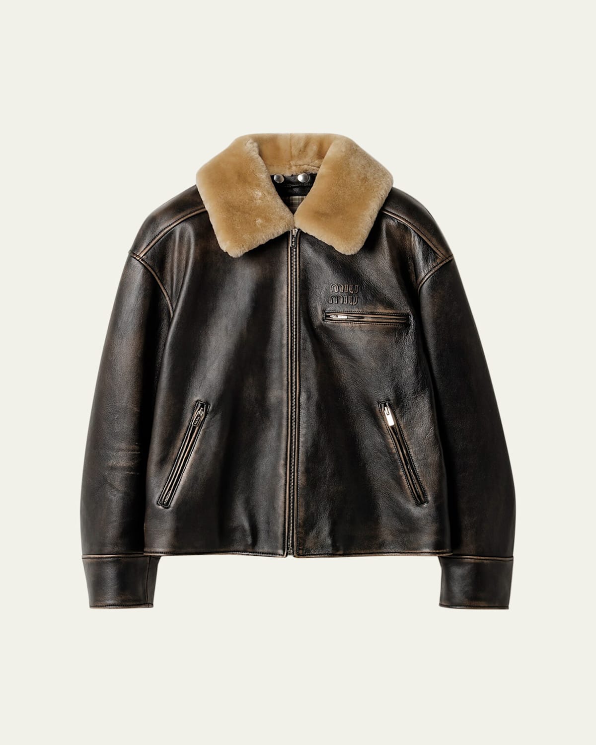 Miu Miu Lamb Shearling Collar Leather Jacket In Black