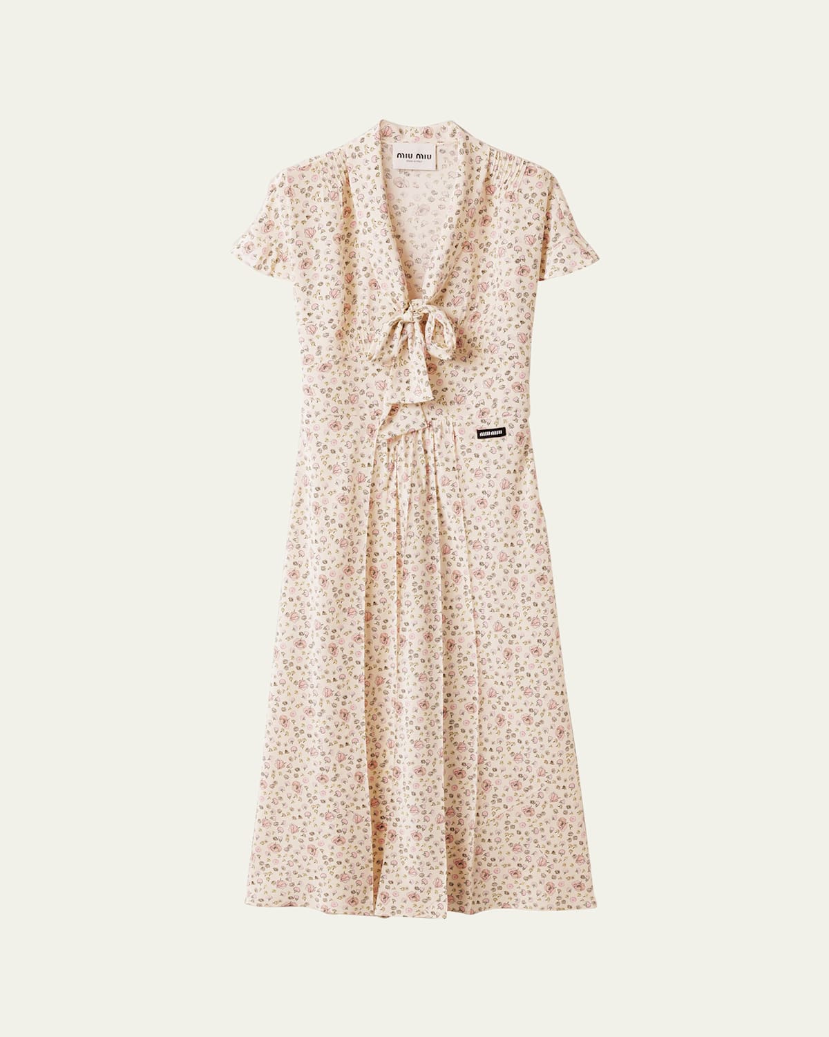 Floral Neck-Tie Short-Sleeve Midi Dress