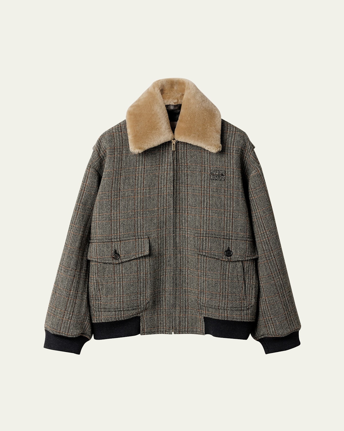 Miu Miu Shearling-collar Wool Tweed Bomber Jacket In Gray