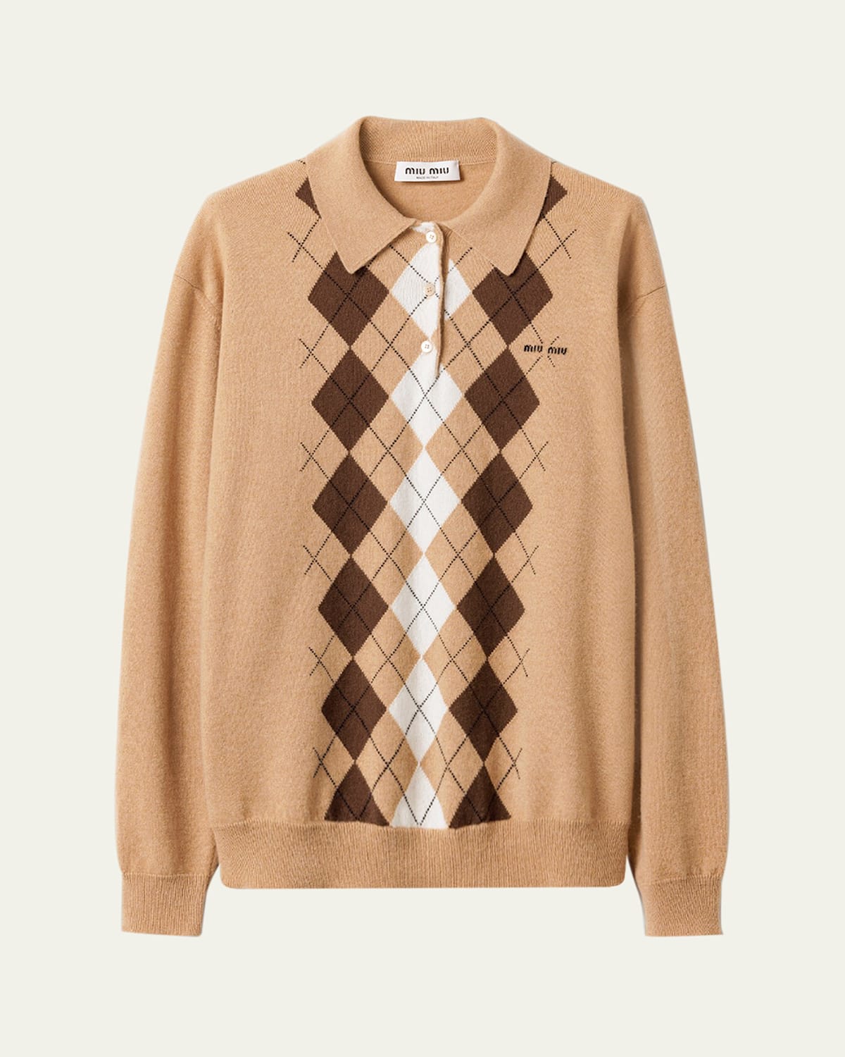 Miu Miu Argyle Pattern Cashmere Polo Pullover In Brown
