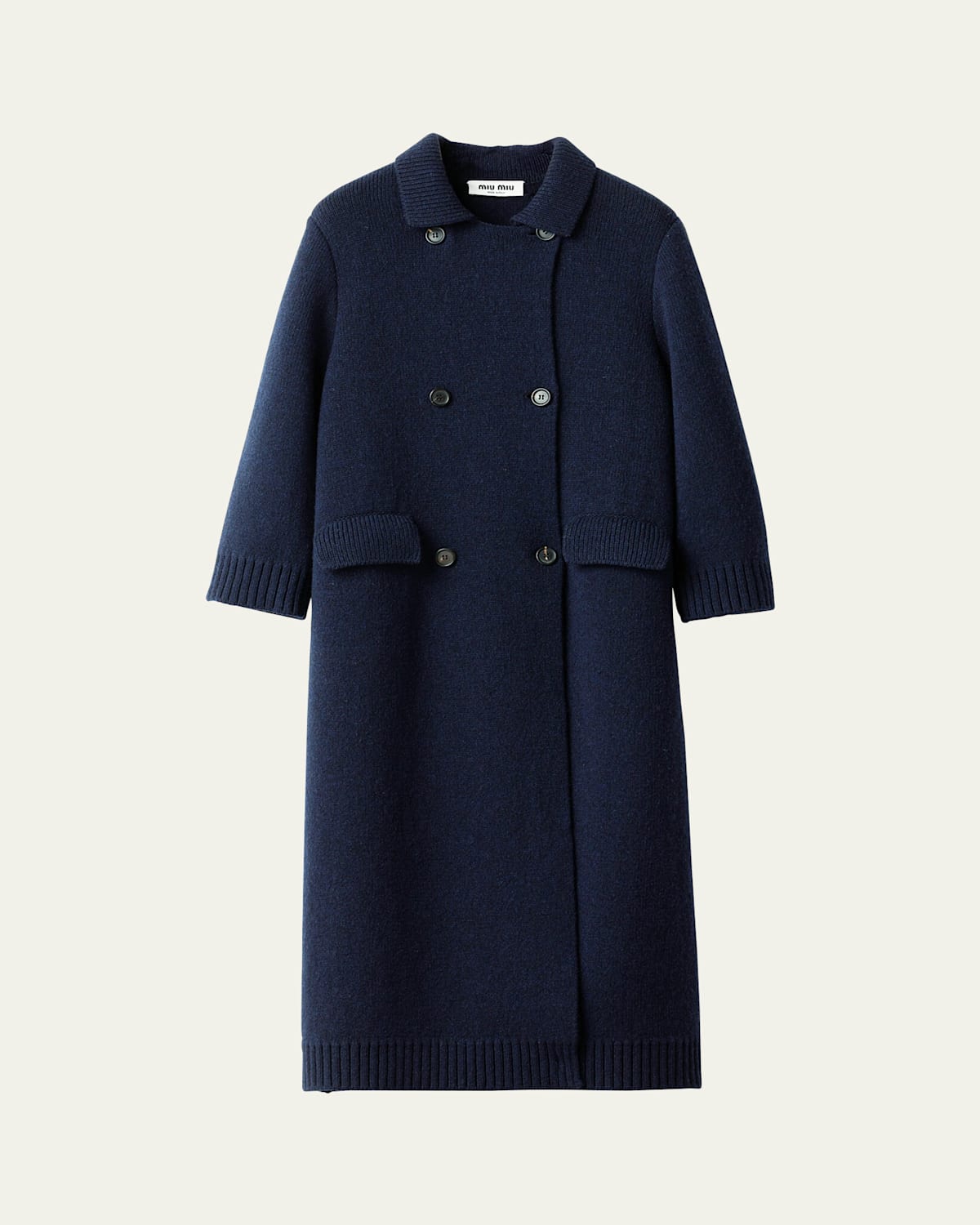 Miu Miu 3/4-sleeve Knit Double-breasted Trench Coat In Blue