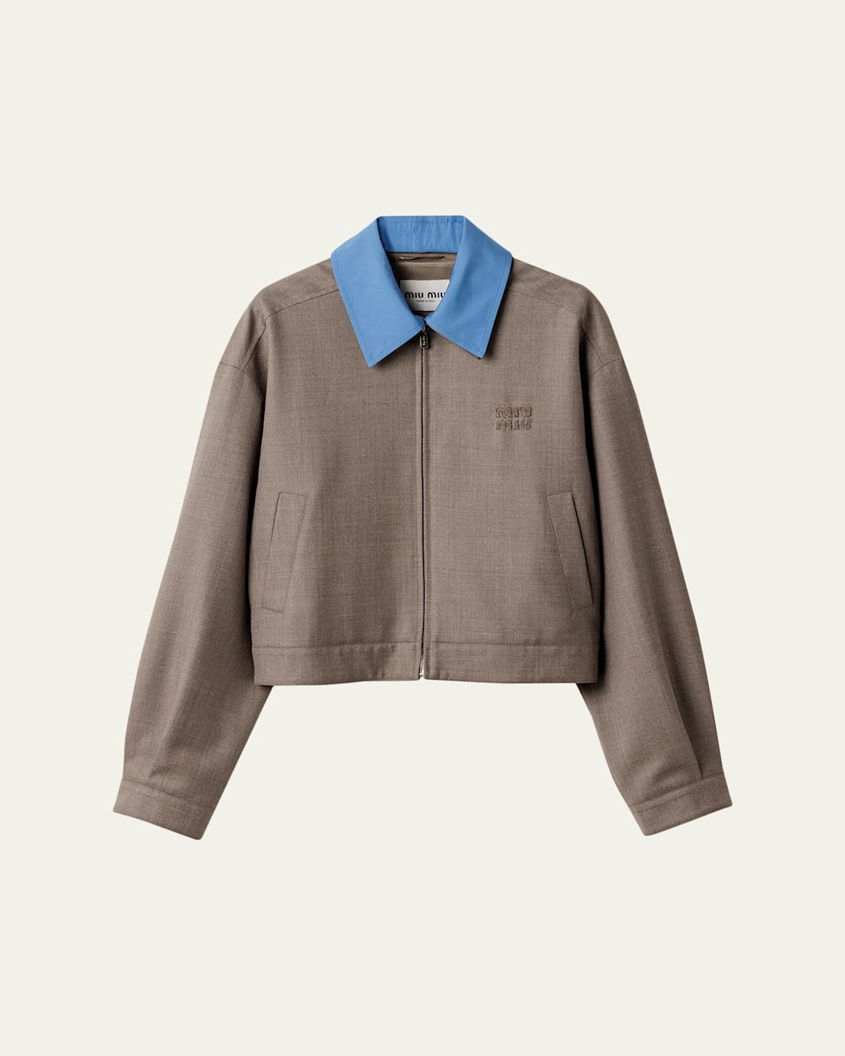 Miu Miu Contrast Collar Zip Crop Jacket In Gray