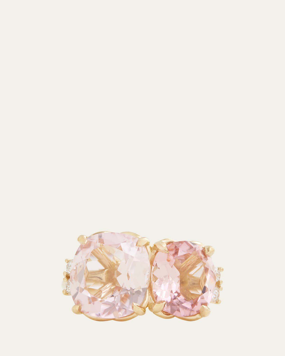 18K Yellow Gold Light Pink Tourmaline Oval and Cushion Cut Ring with Diamonds