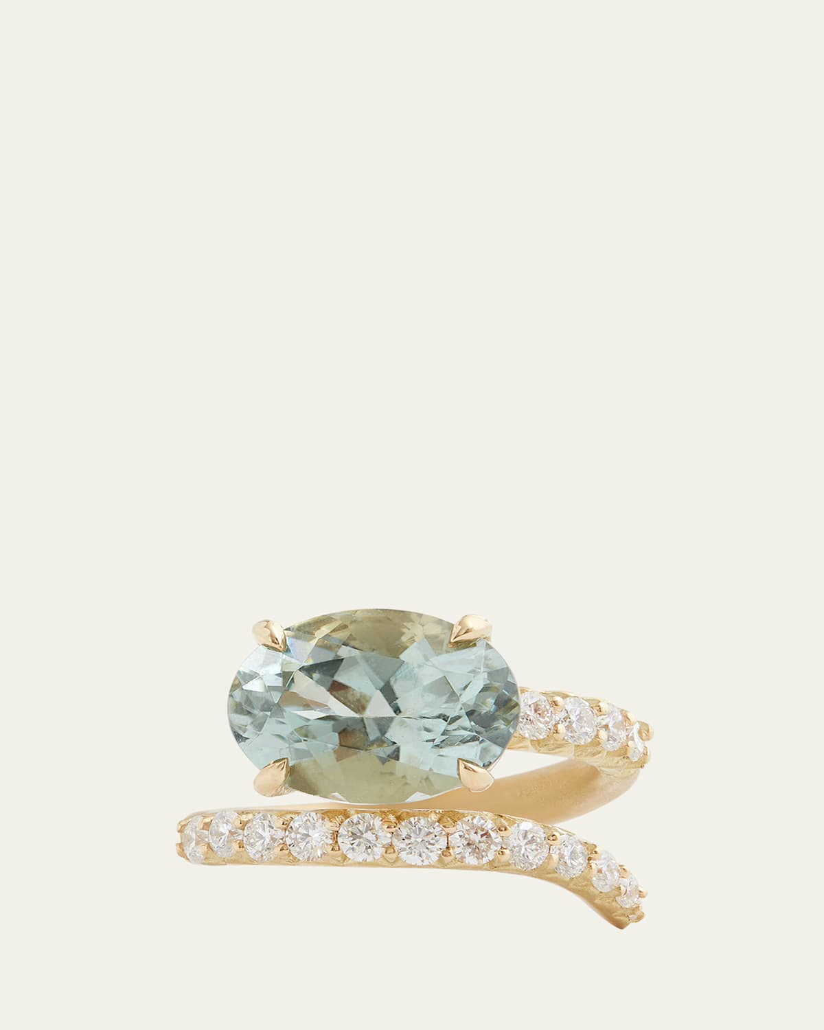 18K Yellow Gold Script Ring with Light Green Tourmaline Oval and Diamonds