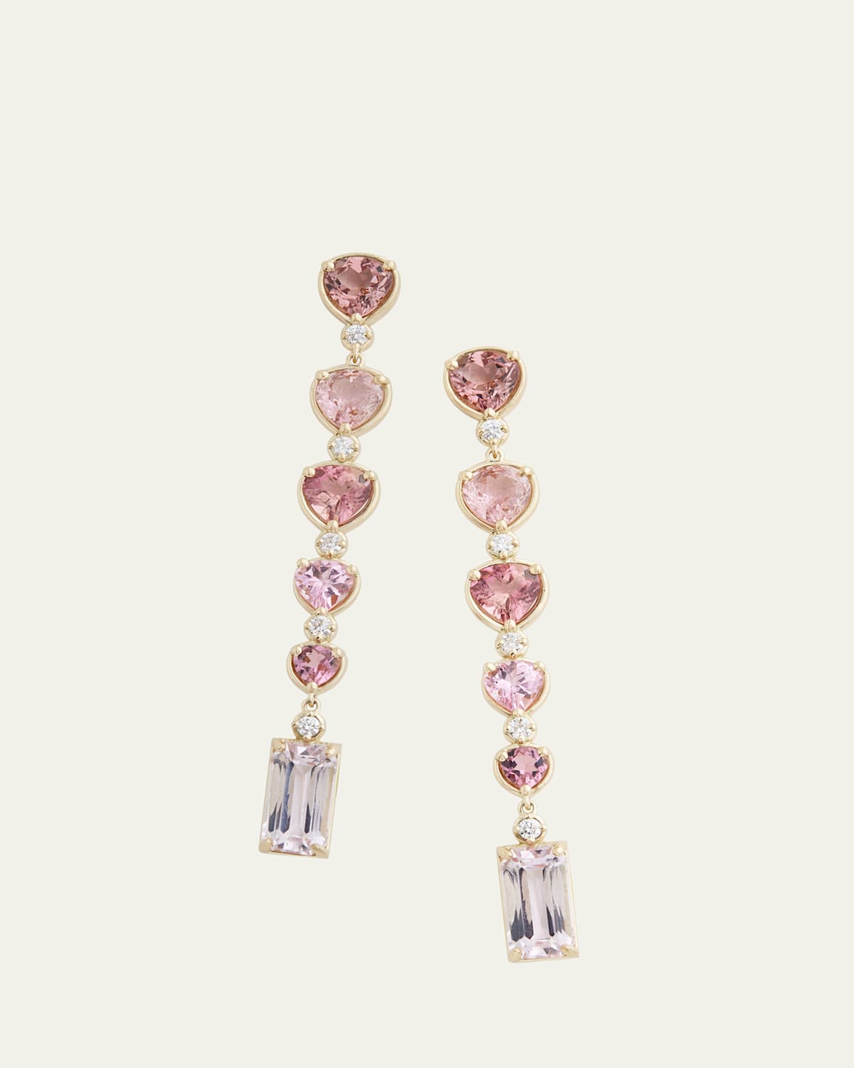 18K Yellow Gold Ombre Pear Shape and Emerald Cut Drop Earrings with Pink Tourmaline, Kunzite and Diamonds