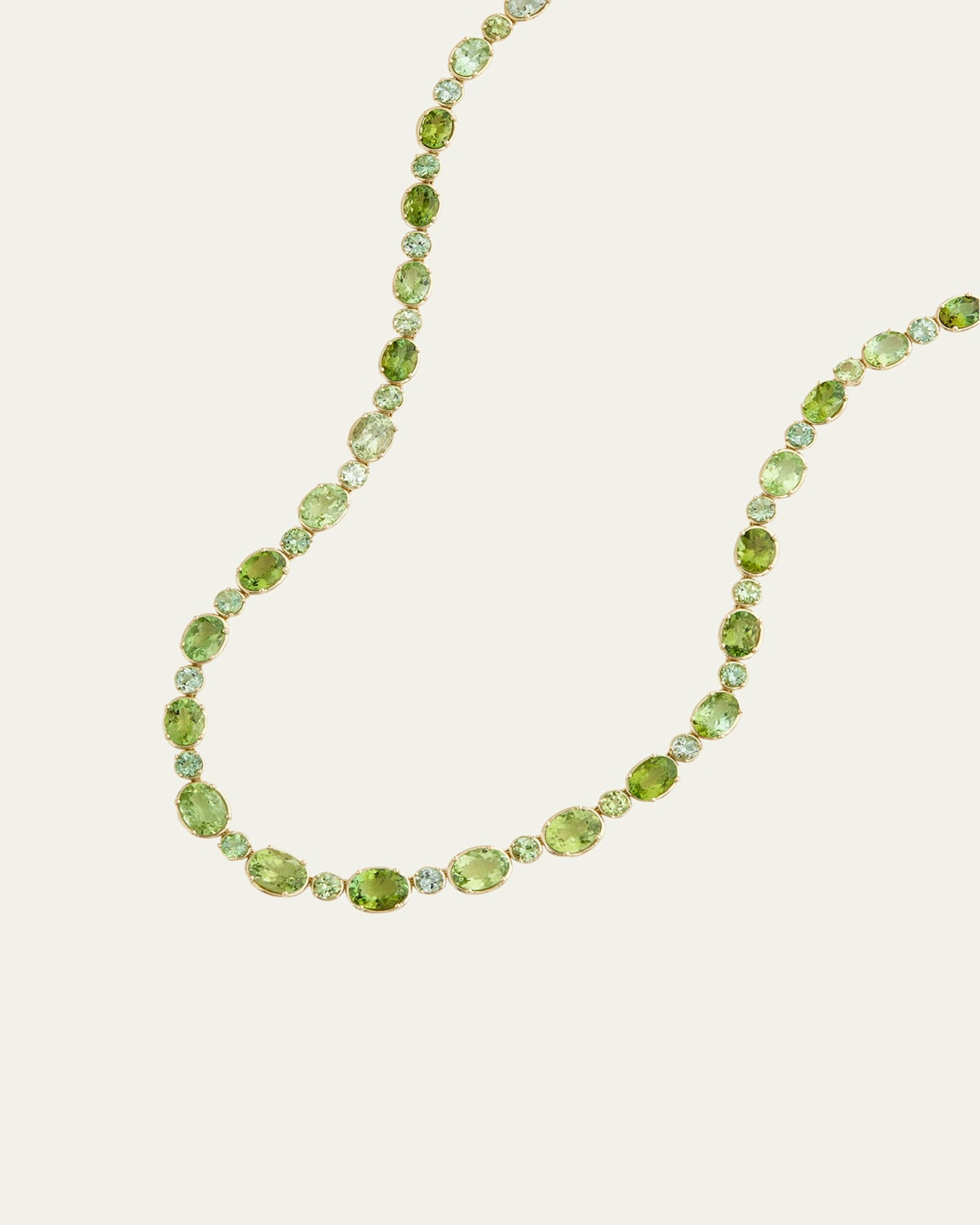 18K Yellow Gold Graduated Light Green Tourmaline Oval and Round Necklace