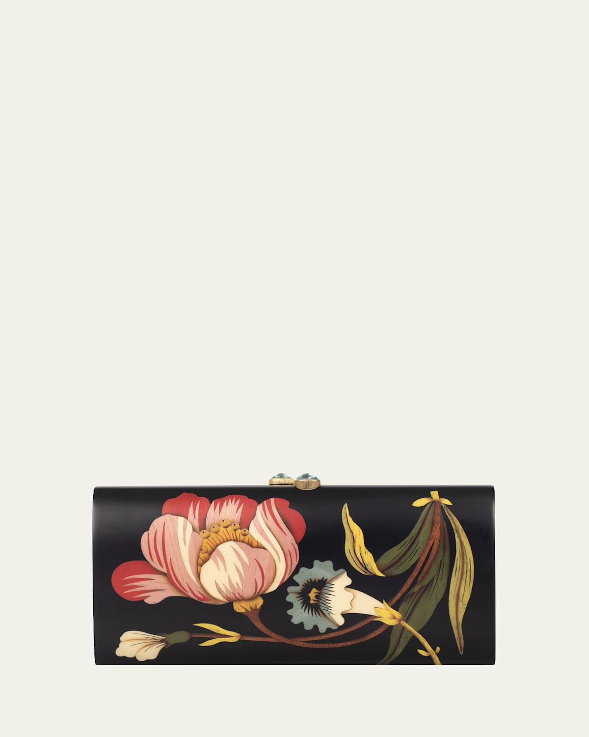Silvia Furmanovich 18k Yellow Gold Marquetry Clutch With Camelia Pattern, Sky Topaz And Ruby
